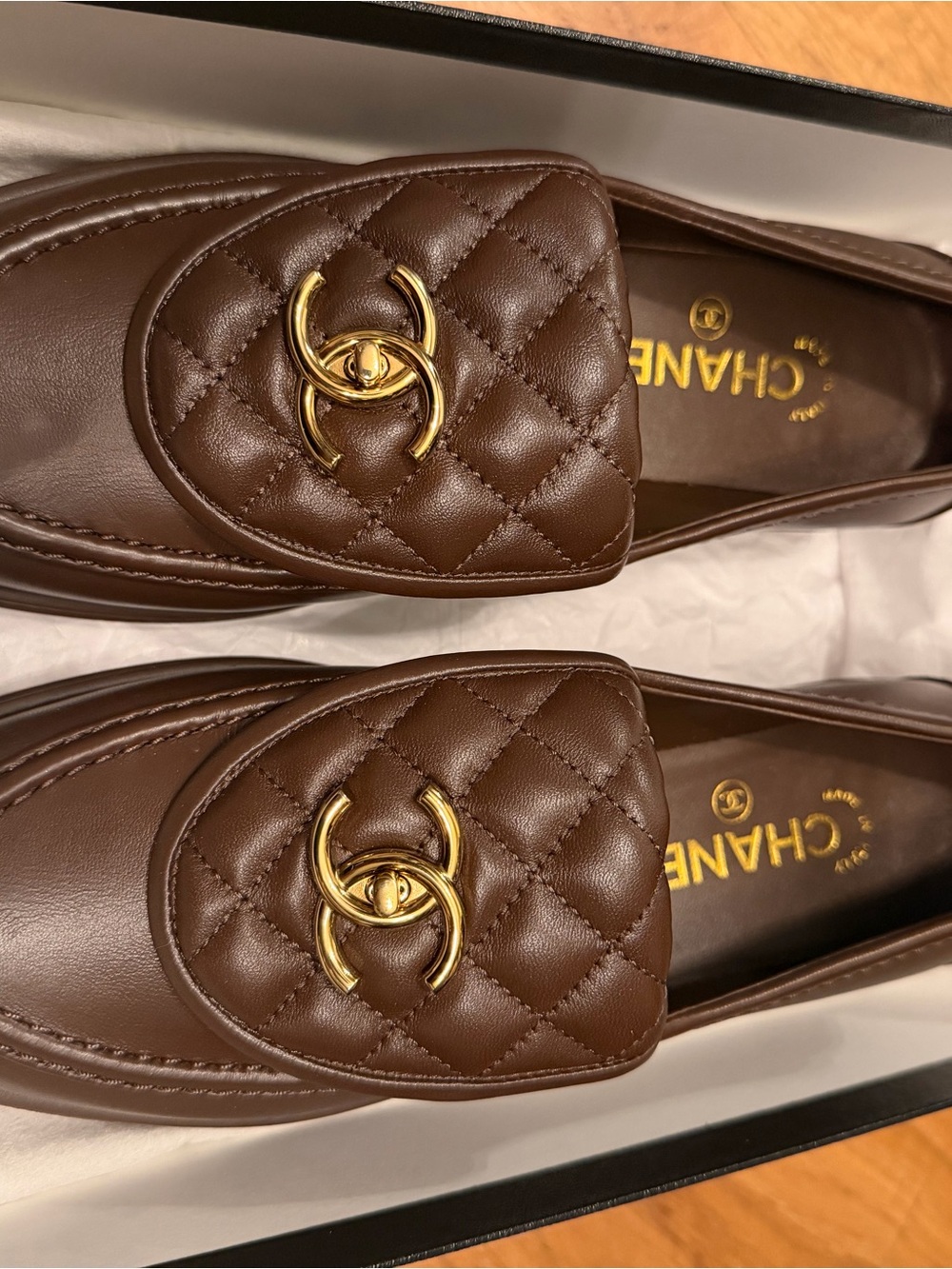 CHANEL Brown Quilted Leather Slip-On Loafers with Gold CC Emblem - Picture 5 of 6